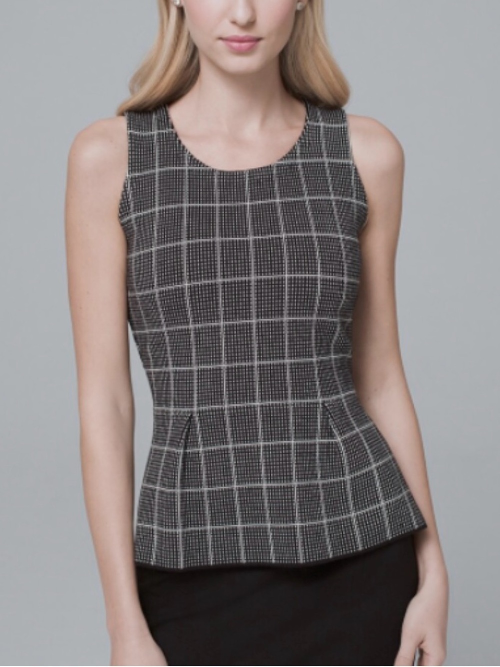 WHBM Black Windowpane Plaid Sleeveless Stretch Knit Peplum Top Size Small